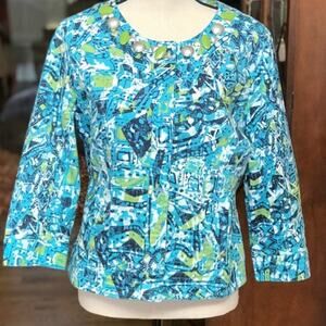 Vintage Y2K Sapphire Star Blue Green Geometric Work Shacket Light Jacket Large
